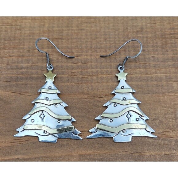 Earrings Sterling Silver & Brass Christmas Tree Star Top Dangle Vintage 14g - Picture 4 of 8